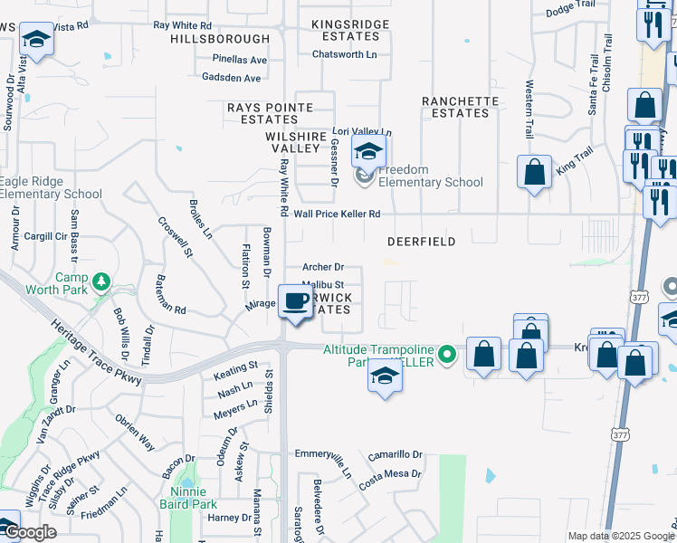 map of restaurants, bars, coffee shops, grocery stores, and more near 5308 Archer Drive in Fort Worth