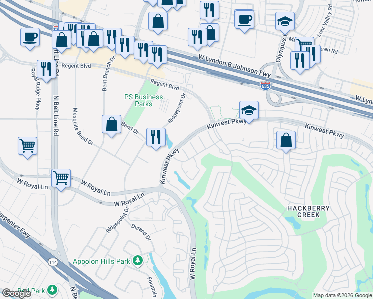 map of restaurants, bars, coffee shops, grocery stores, and more near 7710 Windmere Court in Irving