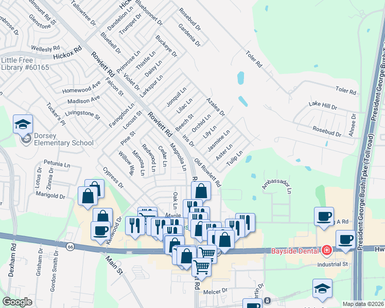 map of restaurants, bars, coffee shops, grocery stores, and more near 5905 Old Rowlett Road in Rowlett