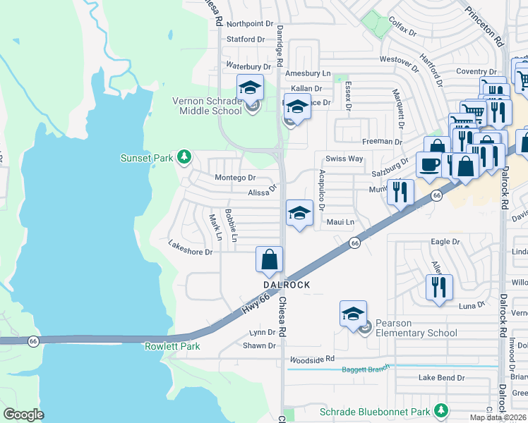 map of restaurants, bars, coffee shops, grocery stores, and more near 7218 Harvest Hill Drive in Rowlett