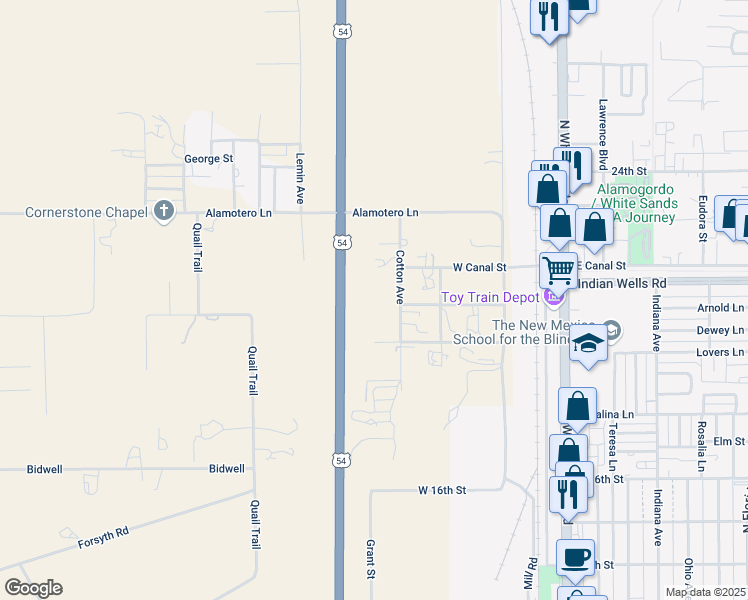 map of restaurants, bars, coffee shops, grocery stores, and more near 10 Cotton Avenue in Alamogordo