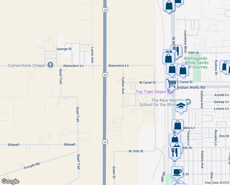map of restaurants, bars, coffee shops, grocery stores, and more near 10 Cotton Avenue in Alamogordo