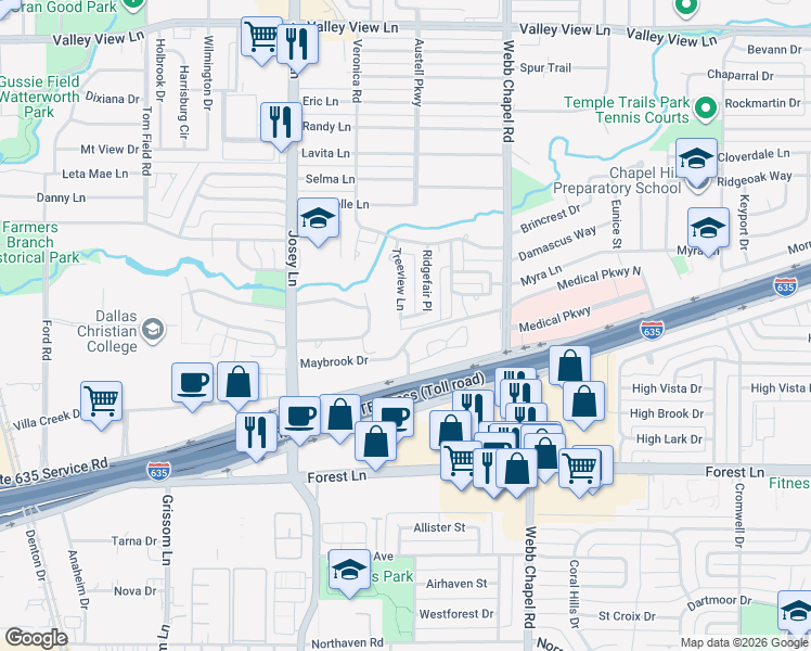 map of restaurants, bars, coffee shops, grocery stores, and more near 12106 Treeview Lane in Farmers Branch