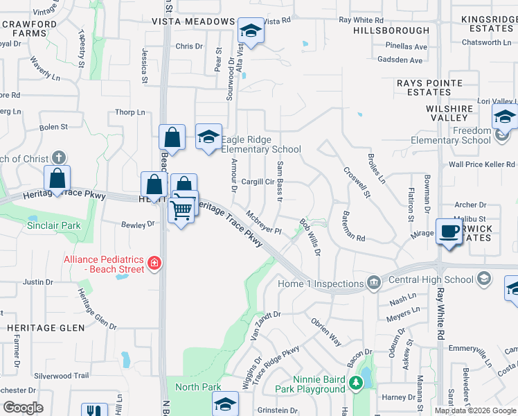map of restaurants, bars, coffee shops, grocery stores, and more near 9608 Birdville Way in Fort Worth