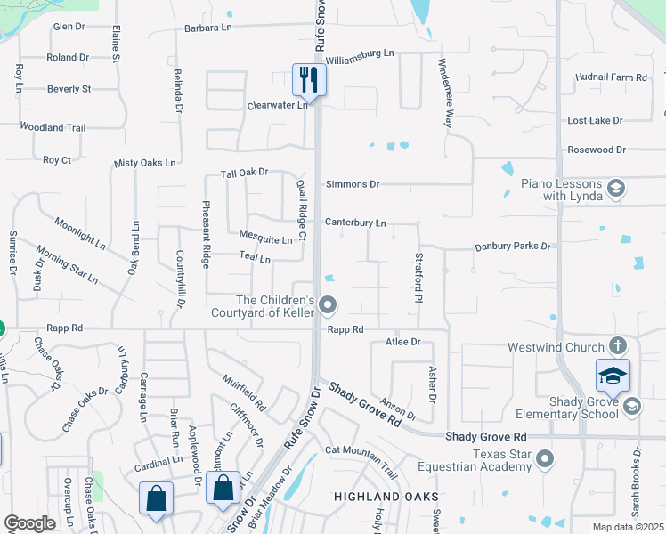 map of restaurants, bars, coffee shops, grocery stores, and more near 1157 Rufe Snow Drive in Keller