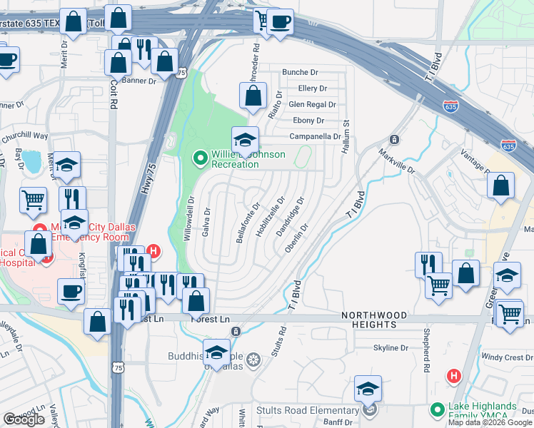 map of restaurants, bars, coffee shops, grocery stores, and more near 12133 Hoblitzelle Drive in Dallas