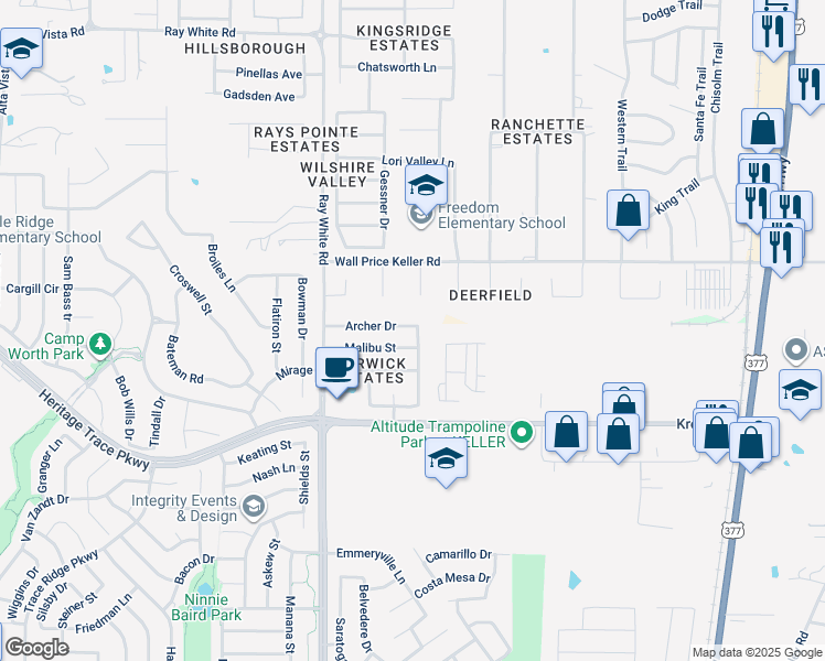 map of restaurants, bars, coffee shops, grocery stores, and more near 5324 Archer Drive in Fort Worth
