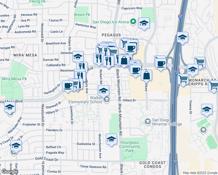 map of restaurants, bars, coffee shops, grocery stores, and more near 206 Westwood in San Diego