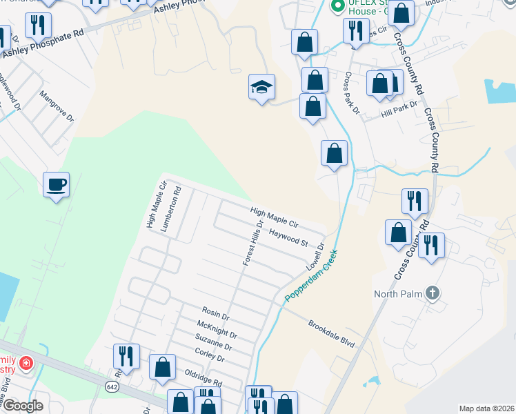 map of restaurants, bars, coffee shops, grocery stores, and more near 7666 High Maple Circle in North Charleston