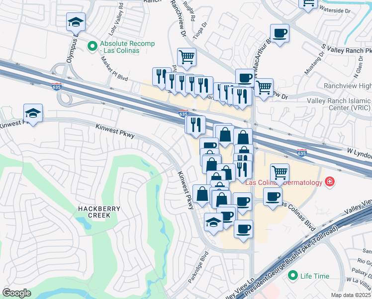 map of restaurants, bars, coffee shops, grocery stores, and more near 1440 Chase Lane in Irving