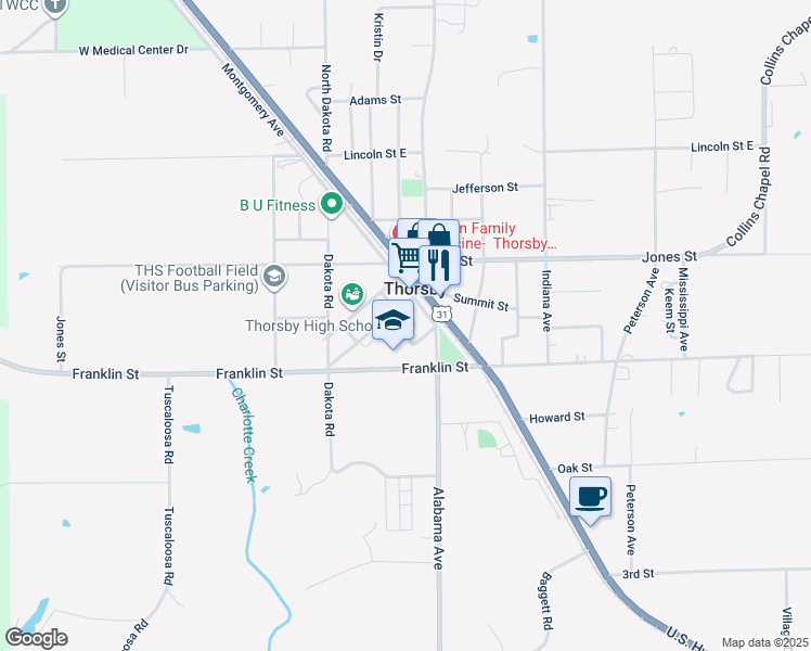 map of restaurants, bars, coffee shops, grocery stores, and more near 54 Opportunity Drive in Thorsby