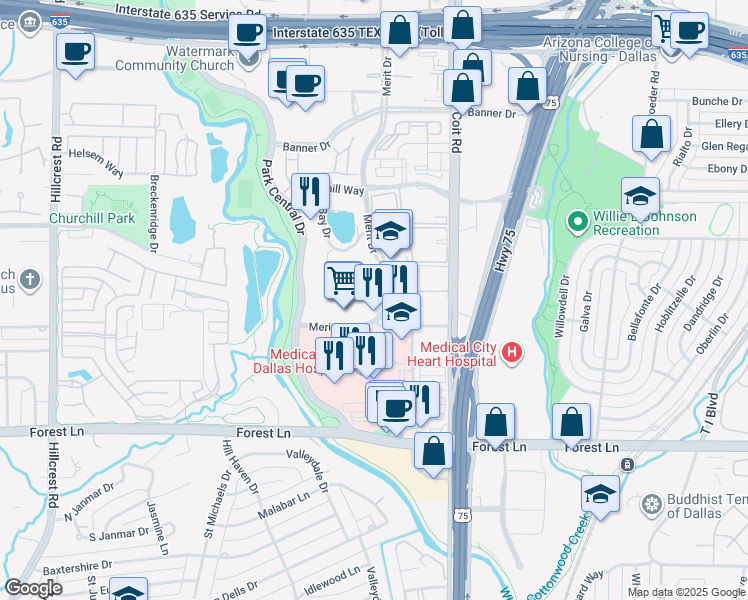 map of restaurants, bars, coffee shops, grocery stores, and more near 12221 Merit Drive in Dallas