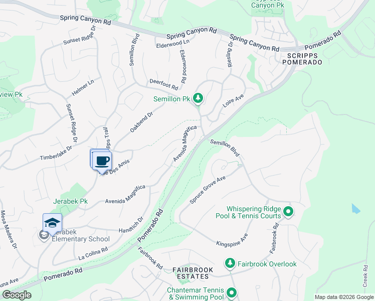 map of restaurants, bars, coffee shops, grocery stores, and more near 10461 Avenida Magnifica in San Diego