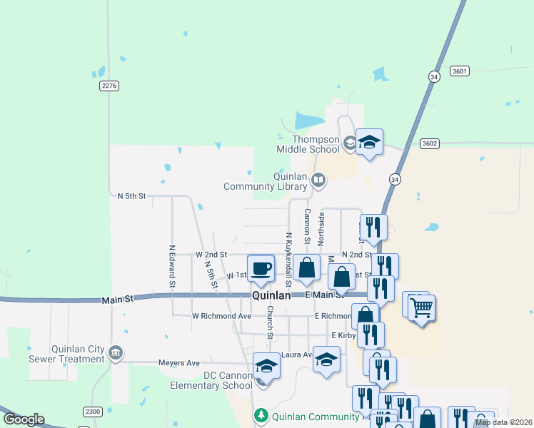 map of restaurants, bars, coffee shops, grocery stores, and more near 113 Vaughn Lane in Quinlan
