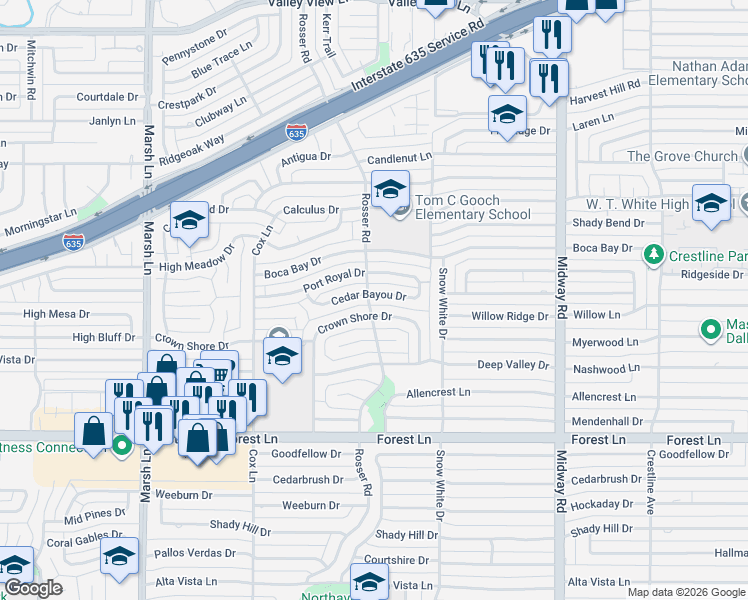 map of restaurants, bars, coffee shops, grocery stores, and more near 4014 Cedar Bayou Drive in Dallas