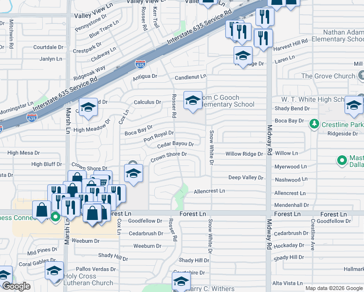 map of restaurants, bars, coffee shops, grocery stores, and more near 4014 Cedar Bayou Drive in Dallas
