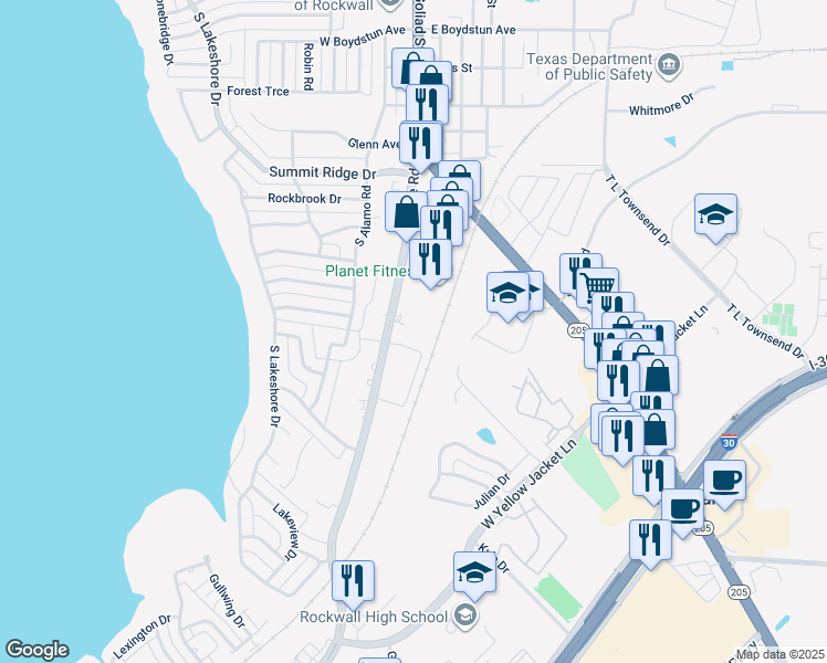 map of restaurants, bars, coffee shops, grocery stores, and more near 1307 Ridge Road in Rockwall