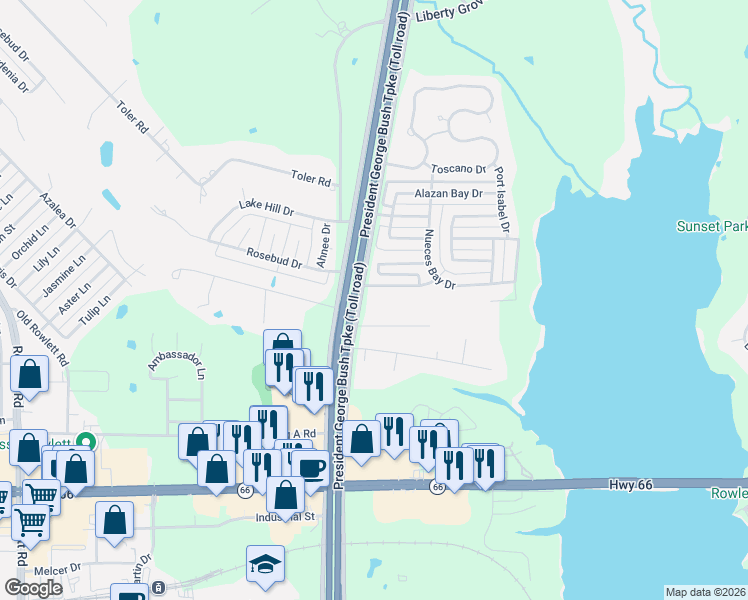 map of restaurants, bars, coffee shops, grocery stores, and more near 5114 Royal Bay Drive in Rowlett