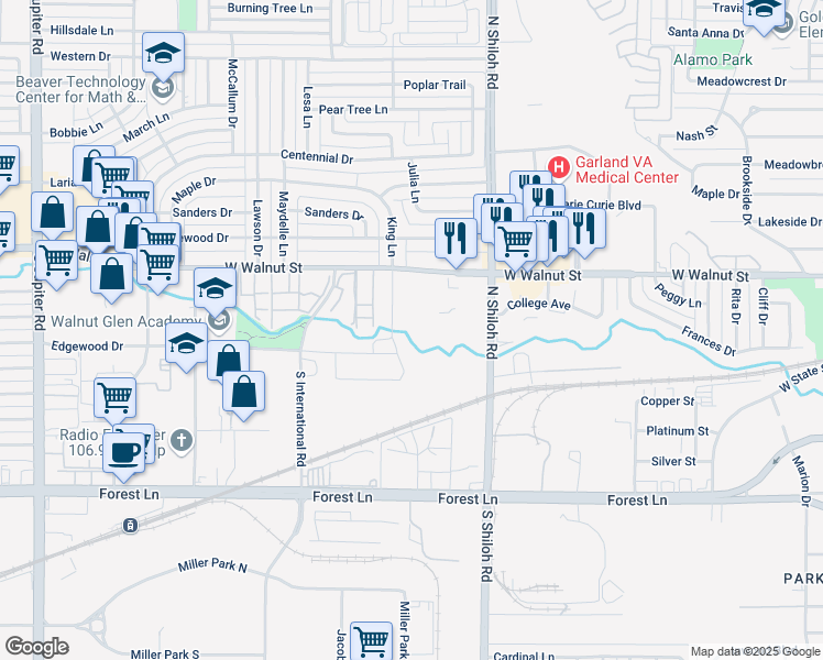 map of restaurants, bars, coffee shops, grocery stores, and more near 321 North Shiloh Road in Garland