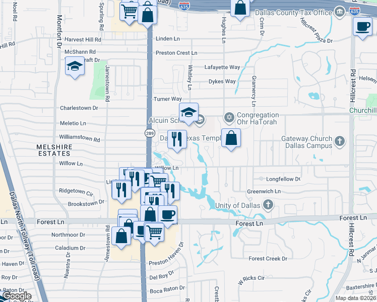 map of restaurants, bars, coffee shops, grocery stores, and more near 12100 Preston Road in Dallas