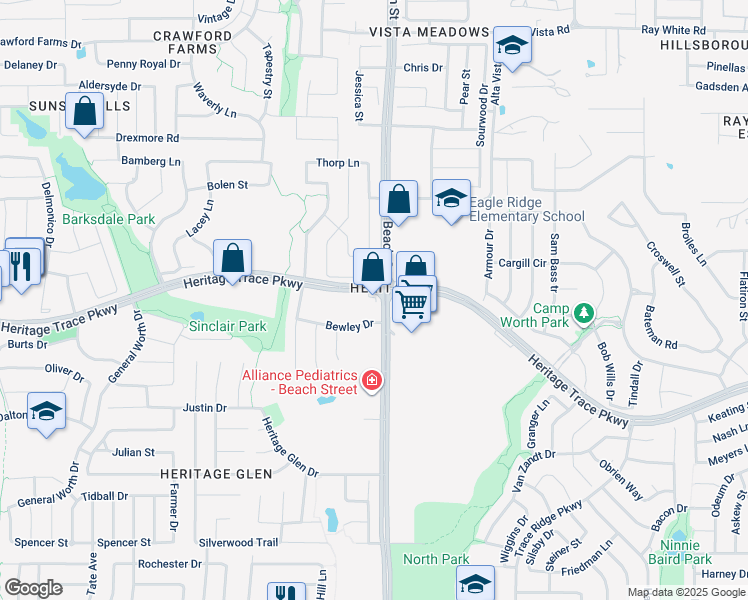 map of restaurants, bars, coffee shops, grocery stores, and more near 4456 Heritage Trace Parkway in Fort Worth
