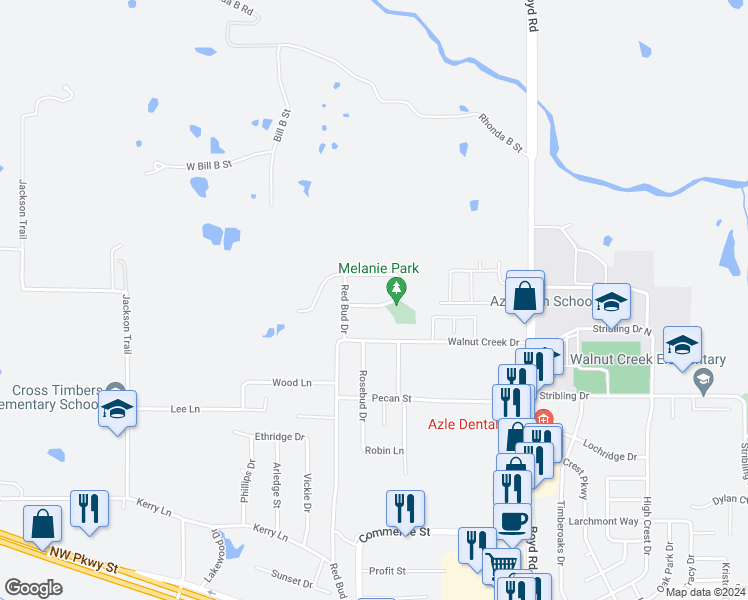 map of restaurants, bars, coffee shops, grocery stores, and more near 113 South Melanie Drive in Azle