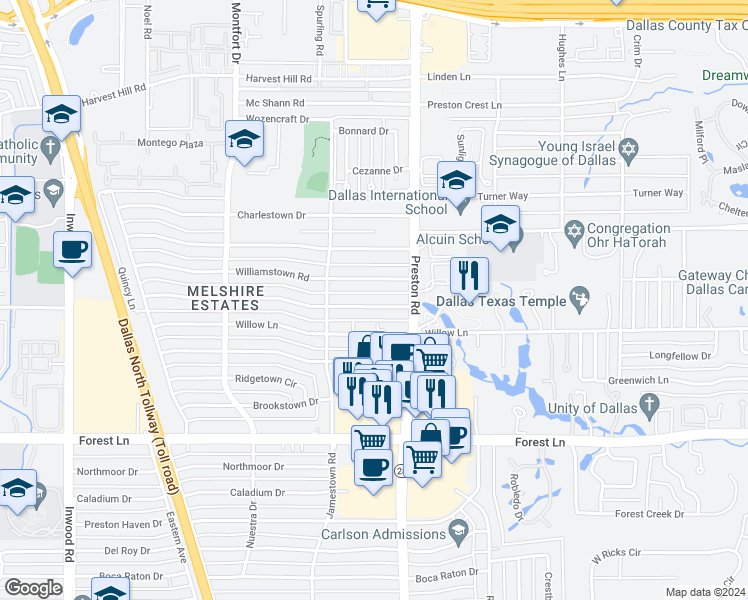 map of restaurants, bars, coffee shops, grocery stores, and more near 5947 Melshire Drive in Dallas
