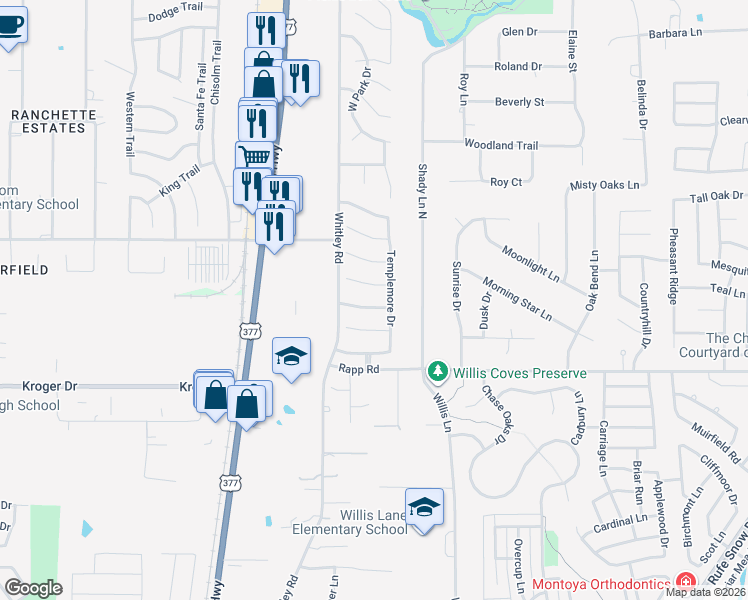 map of restaurants, bars, coffee shops, grocery stores, and more near 213 Tipperary Drive in Keller