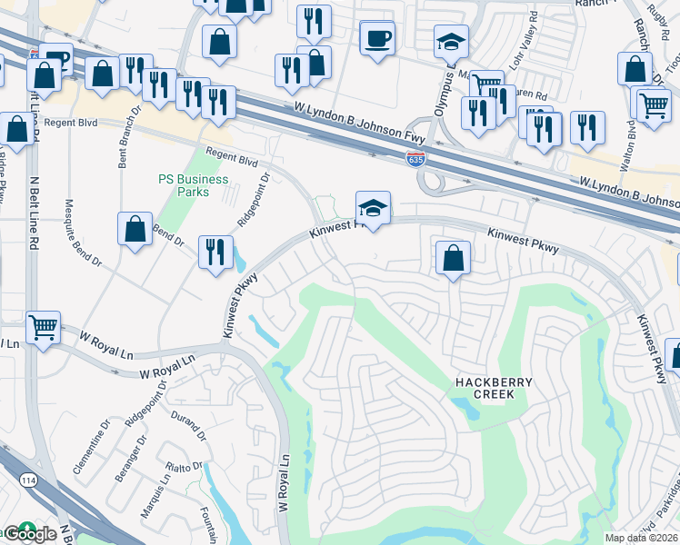 map of restaurants, bars, coffee shops, grocery stores, and more near 2515 Briarcrest Drive in Irving