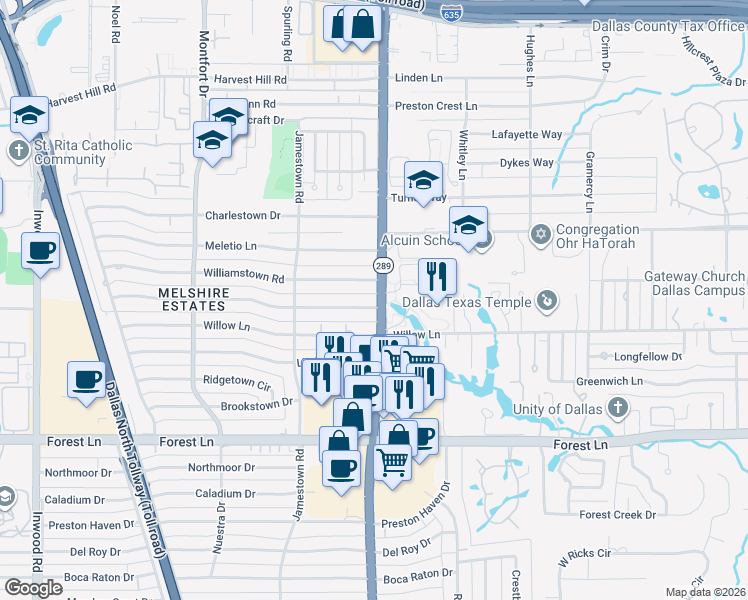 map of restaurants, bars, coffee shops, grocery stores, and more near 5979 Melshire Dr in Dallas