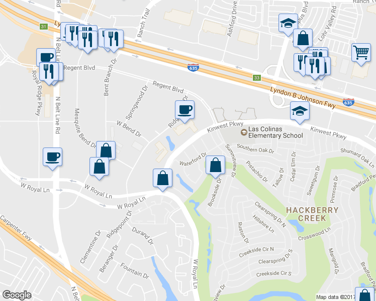 map of restaurants, bars, coffee shops, grocery stores, and more near 7710 Windmere Court in Irving