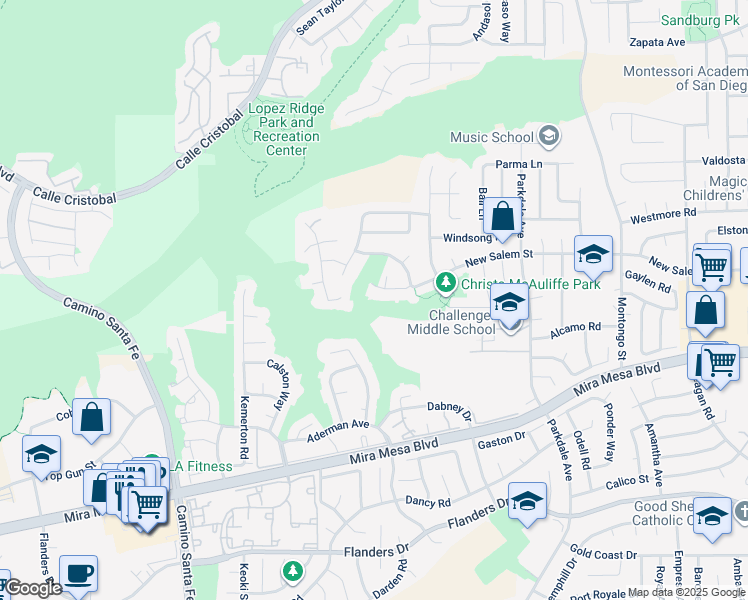 map of restaurants, bars, coffee shops, grocery stores, and more near 7387 New Salem Street in San Diego