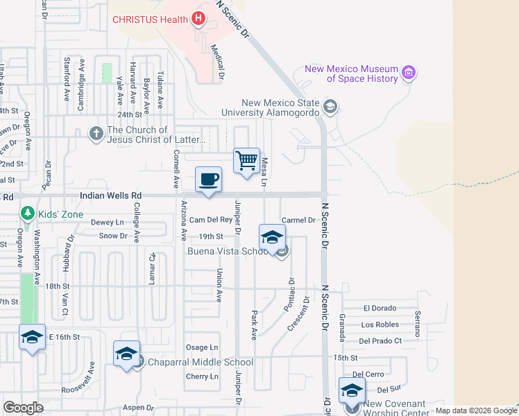 map of restaurants, bars, coffee shops, grocery stores, and more near 2007 Crescent Drive in Alamogordo