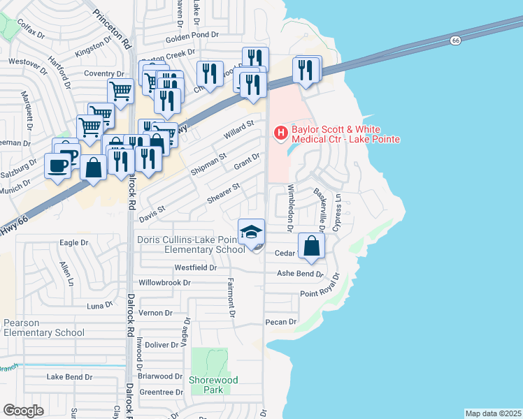 map of restaurants, bars, coffee shops, grocery stores, and more near 6101 Scenic Drive in Rowlett