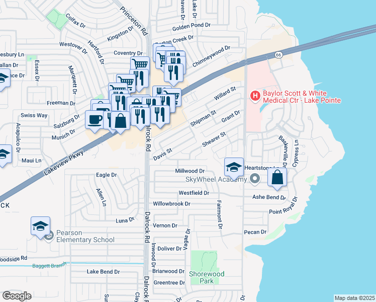 map of restaurants, bars, coffee shops, grocery stores, and more near 9009 Shearer Street in Rowlett