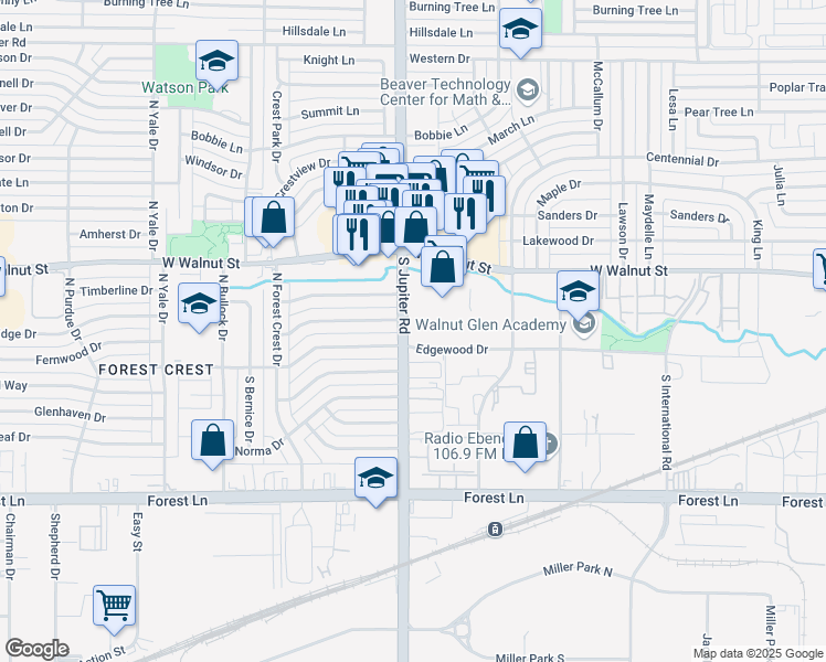 map of restaurants, bars, coffee shops, grocery stores, and more near 110 North Jupiter Road in Garland