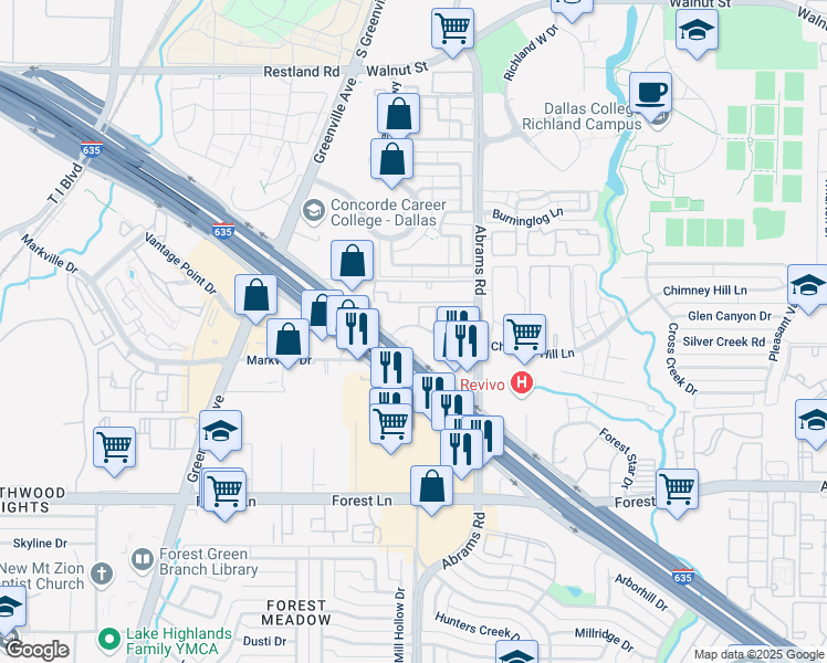 map of restaurants, bars, coffee shops, grocery stores, and more near 9309 Lyndon B Johnson Freeway in Dallas
