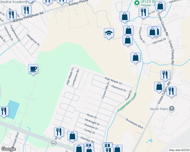 map of restaurants, bars, coffee shops, grocery stores, and more near 7695 High Maple Circle in North Charleston