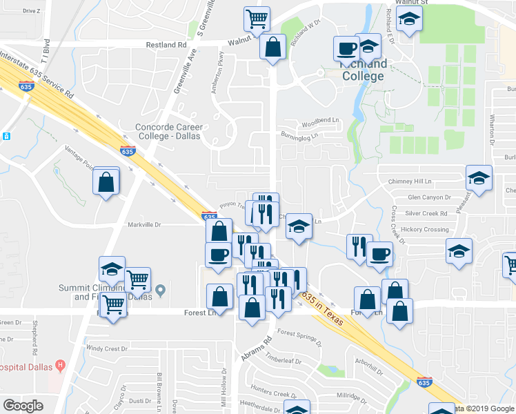 map of restaurants, bars, coffee shops, grocery stores, and more near 9375 Pinyon Tree Lane in Dallas