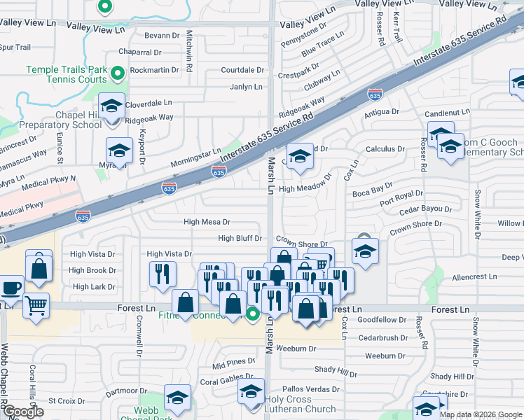 map of restaurants, bars, coffee shops, grocery stores, and more near 3654 Ridgebriar Drive in Dallas