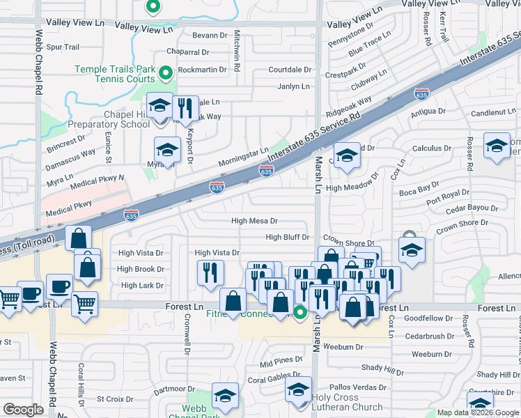 map of restaurants, bars, coffee shops, grocery stores, and more near 3538 Ridgebriar Drive in Dallas