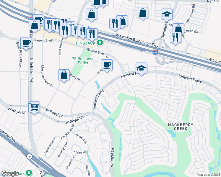 map of restaurants, bars, coffee shops, grocery stores, and more near 7710 Windmere Court in Irving