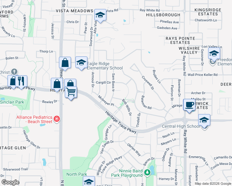 map of restaurants, bars, coffee shops, grocery stores, and more near 9625 Sam Bass tr in Fort Worth