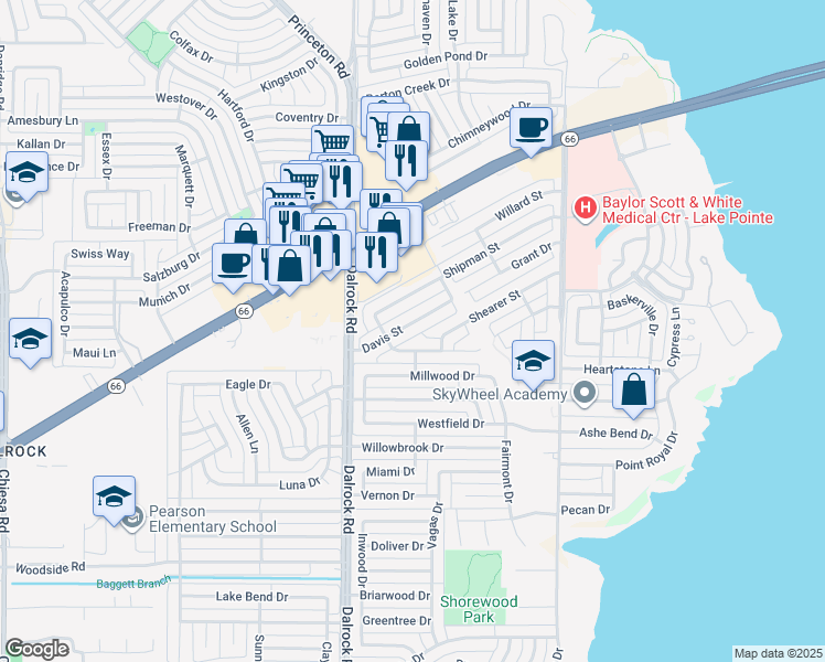 map of restaurants, bars, coffee shops, grocery stores, and more near 8814 Davis Street in Rowlett