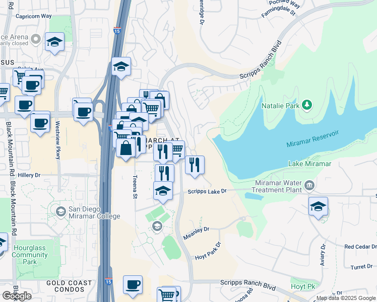 map of restaurants, bars, coffee shops, grocery stores, and more near 10793 Scripps Ranch Boulevard in San Diego