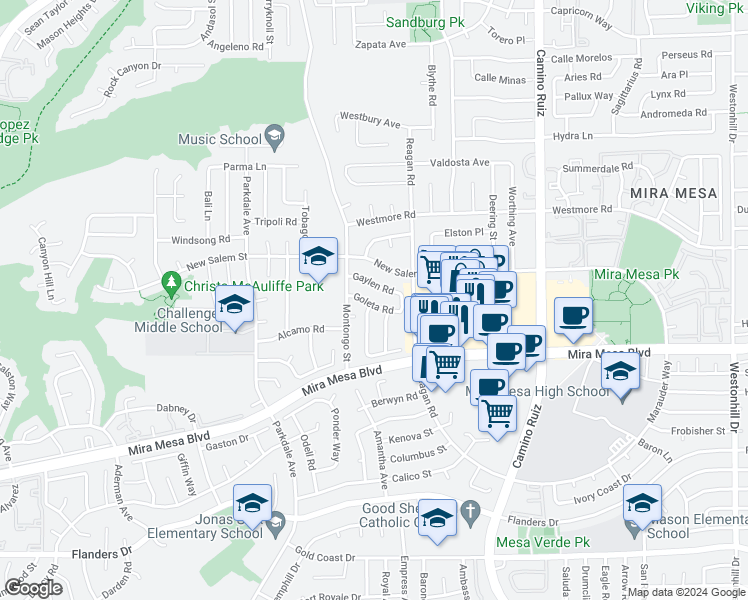 map of restaurants, bars, coffee shops, grocery stores, and more near 7952 Goleta Road in San Diego