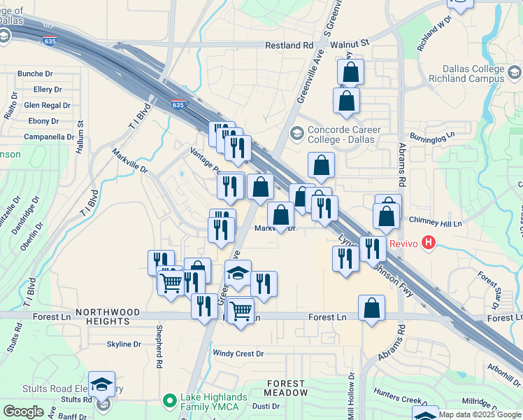 map of restaurants, bars, coffee shops, grocery stores, and more near 12250 Greenville Avenue in Dallas