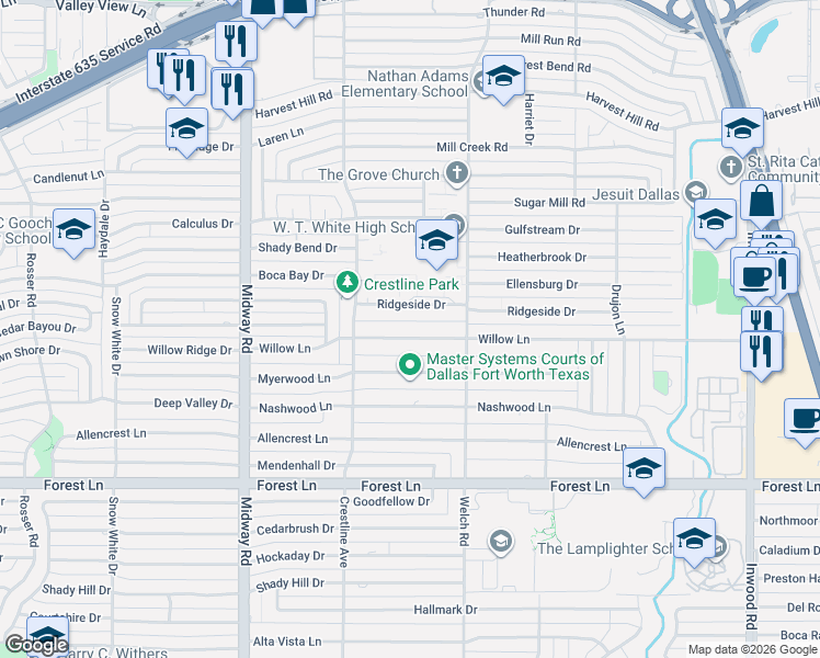 map of restaurants, bars, coffee shops, grocery stores, and more near 4439 Willow Lane in Dallas