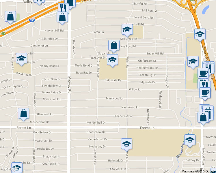 map of restaurants, bars, coffee shops, grocery stores, and more near 4439 Willow Ln in Dallas