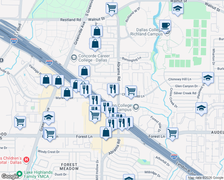 map of restaurants, bars, coffee shops, grocery stores, and more near 9375 Pinyon Tree Lane in Dallas